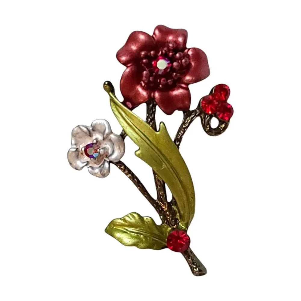 Vintage Metal Enamel AB Rhinestones Flower Bouquet Brooch Pin Spring